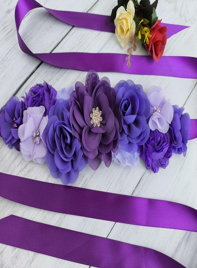 Oyabridal Maternity Flower Sash Belt Baby Shower for Mommy Pregnant Sash with Flowers W047 (Purple) - Image 4